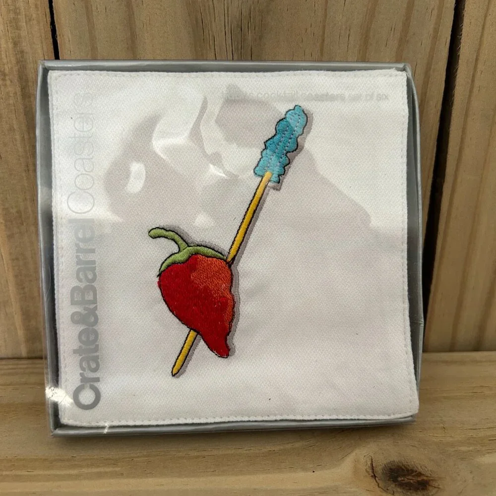 6 Crate & Barrel Embroidered Cloth Appetizer Coasters Set